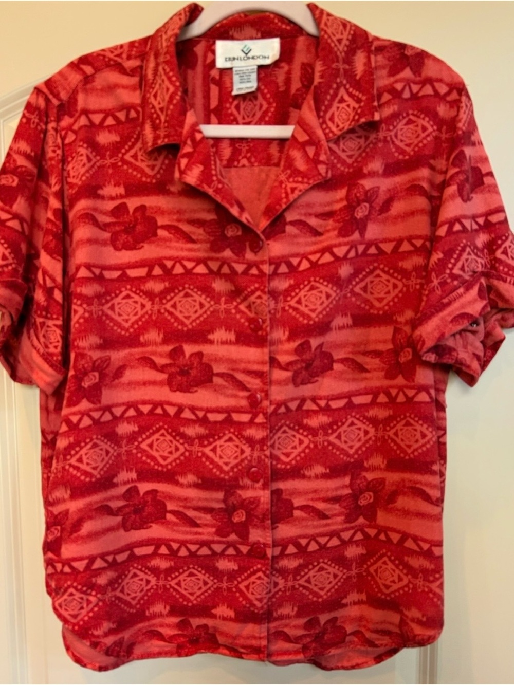 Erin London L Raw Silk Patterned Short-Sleeve Camp Shirt Granny Mature Tropical
